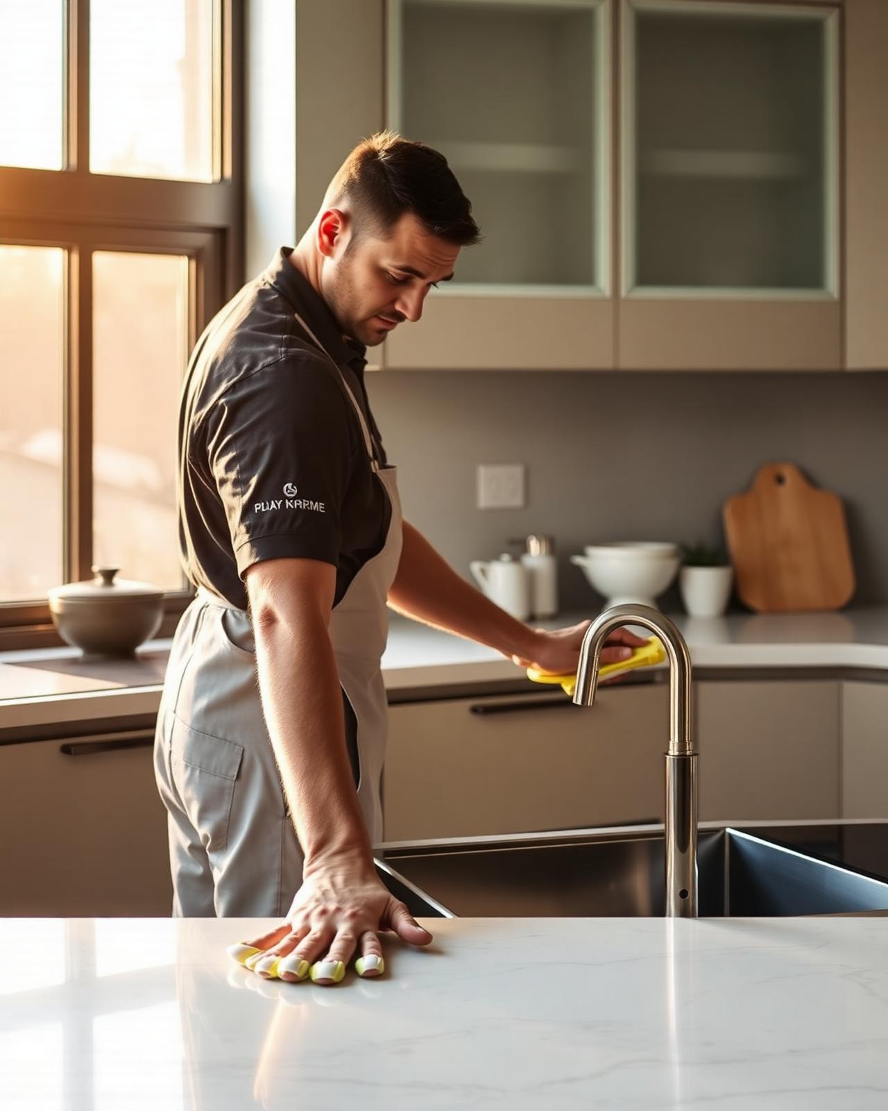 Cleaner polishing a modern kitchen worktop